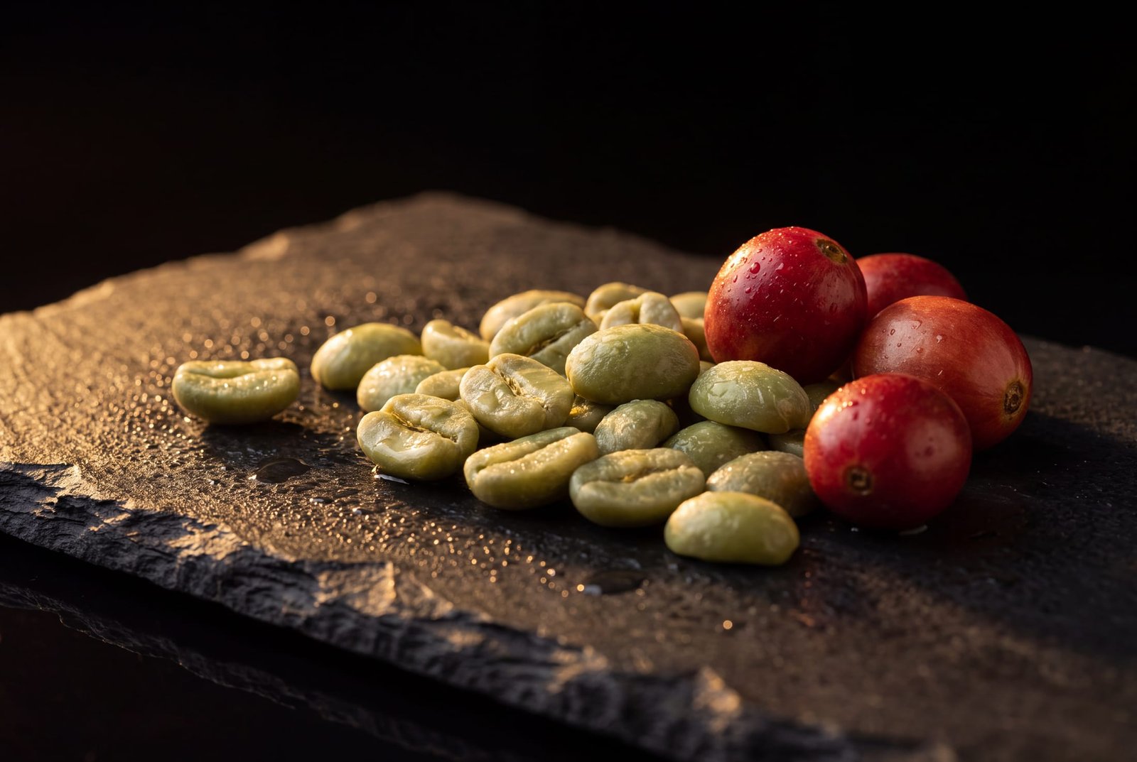 Green Ugandan coffee beans and ripe cherries on dark volcanic slate