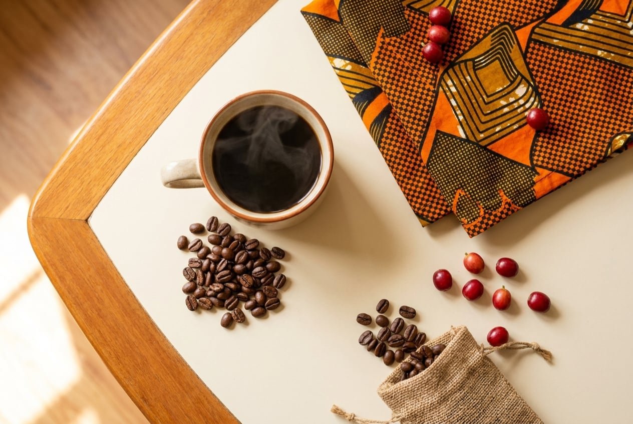 A warm flat-lay of coffee, beans and kitenge cloth