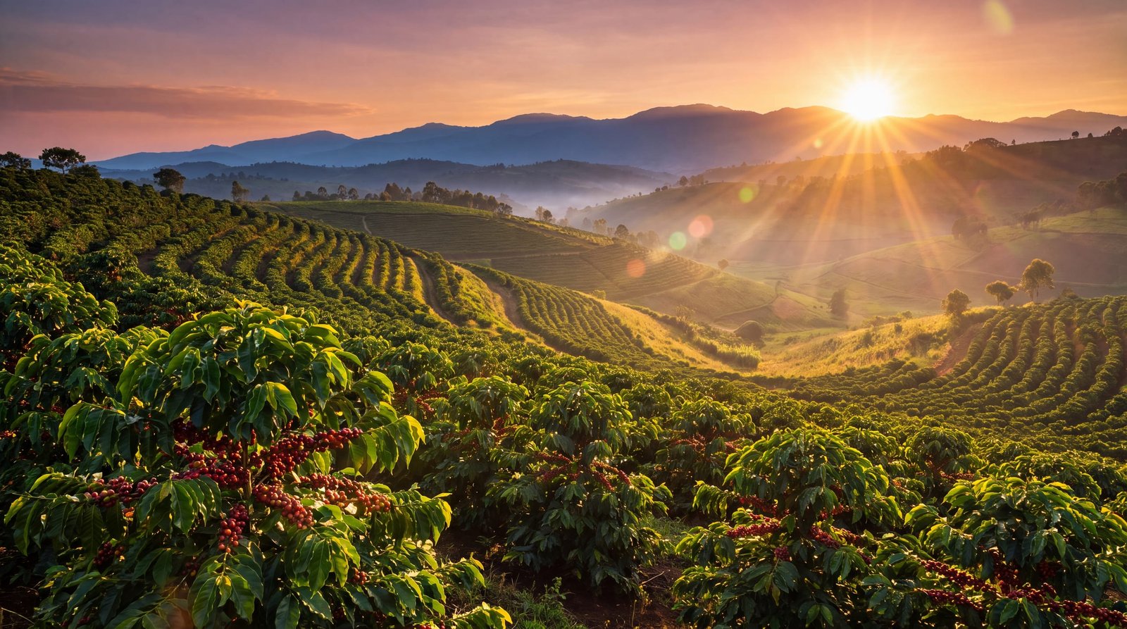 Coffee plantation on the Ugandan highlands at sunset