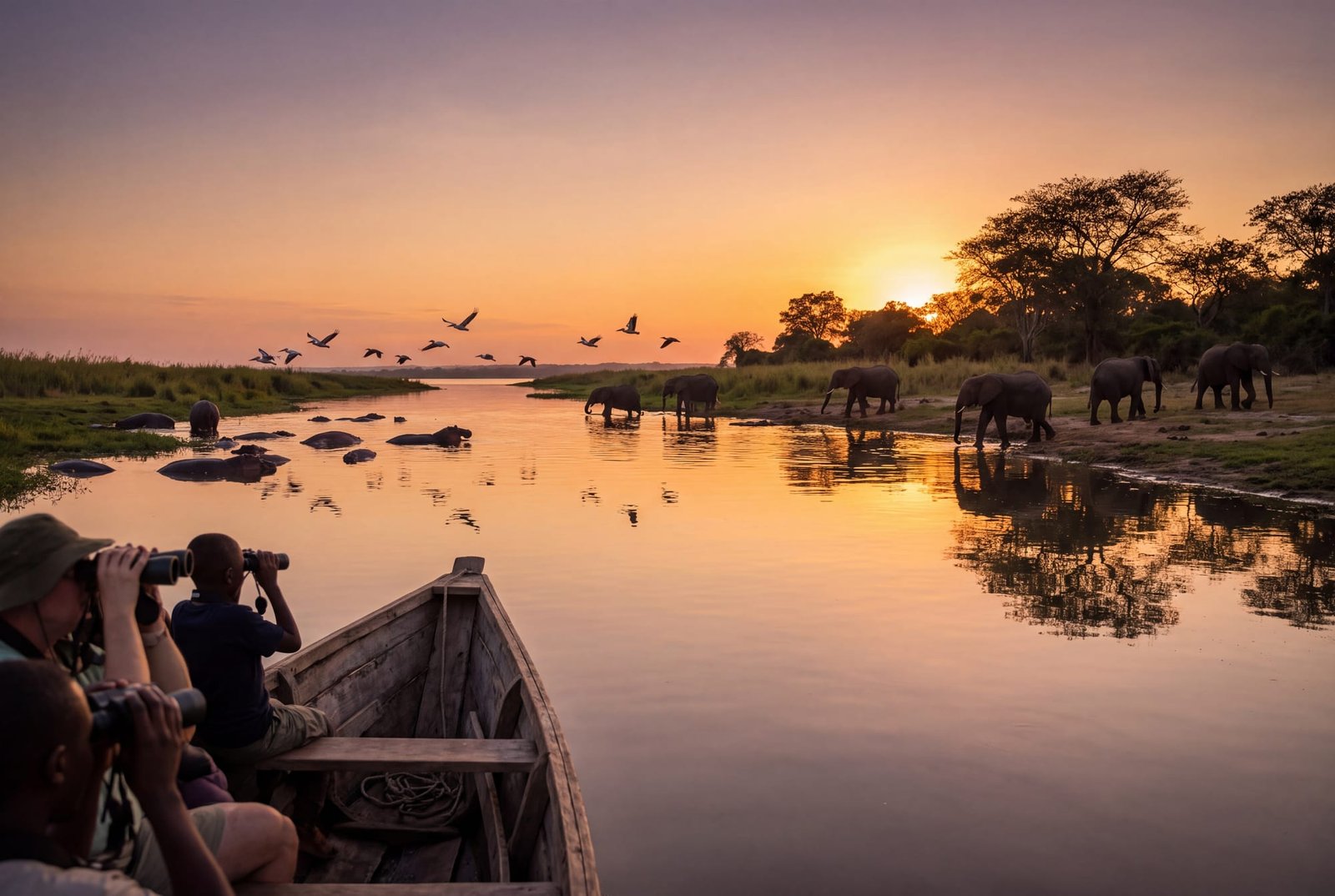 A boat safari on the Kazinga Channel at golden hour